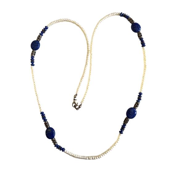 Beaded necklace carved Lapis Lazuli & Pearl beads delicate single strand - Picture 1 of 6